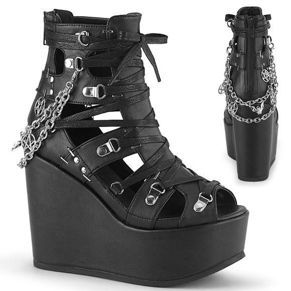 Shoes - Goth Platform Wedge Bat Lace Up Cage Ankle Boots